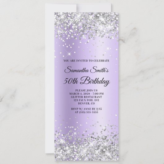 Silver Glitter Lavender Satin 50th Birthday Kaart (Voorkant)