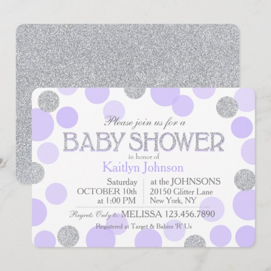Silver Glitter Lavender Scattered Stippen Baby sho Kaart (Voorkant / Achterkant)
