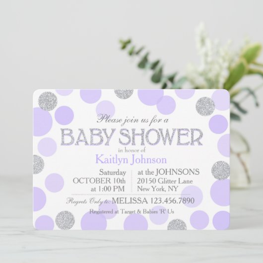 Silver Glitter Lavender Scattered Stippen Baby sho Kaart (Staand voorkant)