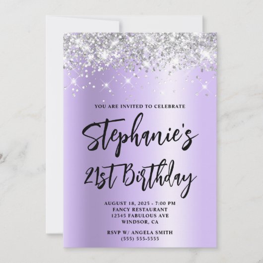 Silver Glitter Lavender Shimmer Bold 21st Birthday Kaart (Voorkant)