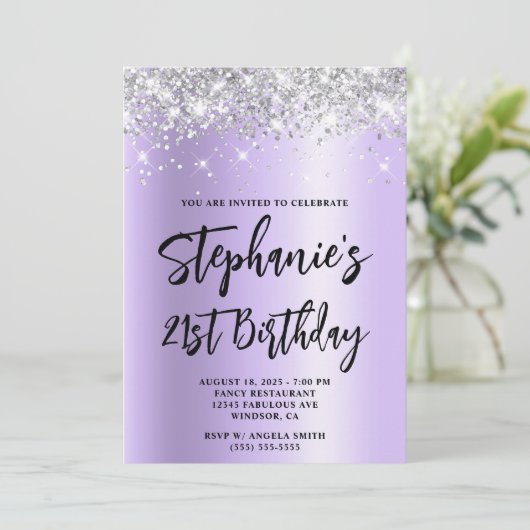 Silver Glitter Lavender Shimmer Bold 21st Birthday Kaart (Staand voorkant)