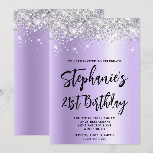 Silver Glitter Lavender Shimmer Bold 21st Birthday Kaart (Voorkant / Achterkant)
