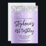 Silver Glitter Lavender Shimmer Bold 21st Birthday Kaart<br><div class="desc">Een modern, glamoureus handgeschreven stijl vet script 21st verjaardagsuitnodiging voor haar. U kunt deze uitnodiging aanpassen voor een andere viering van een mijlpaal op de verjaardag. De digitale kunstfunctie is faux sparkly Silver Glitter met extra glans tegen een bleek lavender paars shimmer ombre digital art grafisch afbeelding. Alle glorieuze elementen...</div>