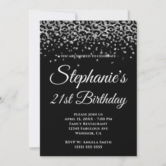 Silver Glitter Leopard Border Black 21st Birthday Kaart (Voorkant)