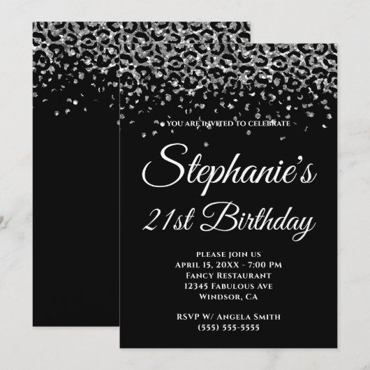 Silver Glitter Leopard Border Black 21st Birthday Kaart (Voorkant / Achterkant)