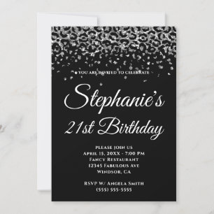 Silver Glitter Leopard Border Black 21st Birthday Kaart