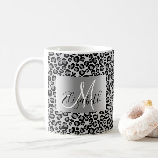 SIlver Glitter Leopard Monogram Fun Koffiemok (Met donut)