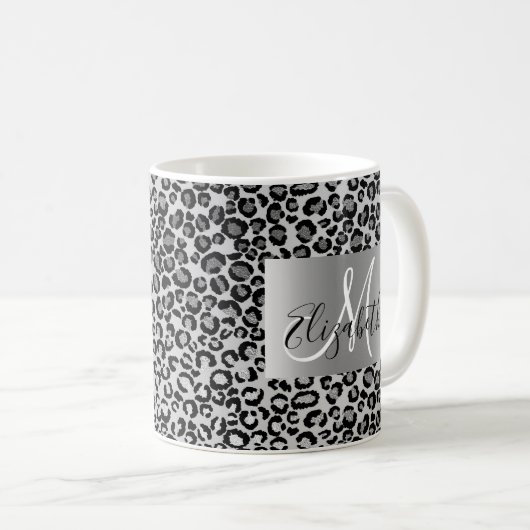 SIlver Glitter Leopard Monogram Fun Koffiemok (Voorkant rechts)