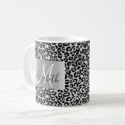 SIlver Glitter Leopard Monogram Fun Koffiemok (Voorkant links)