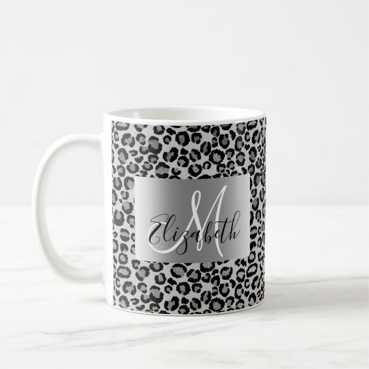 SIlver Glitter Leopard Monogram Fun Koffiemok (Links)