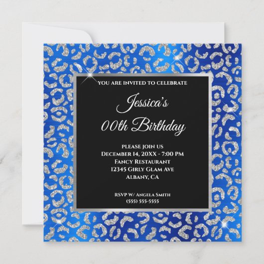 Silver Glitter Leopard Royal Blue Folie Birthday Kaart (Voorkant)
