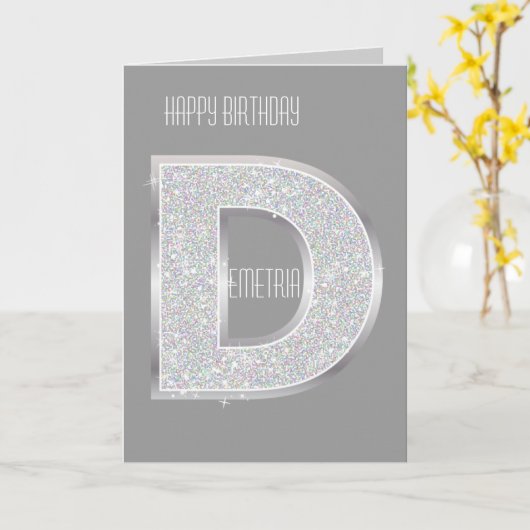 Silver Glitter Letter D Kaart (Gele Bloem)