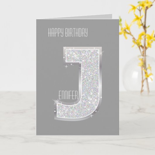 Silver Glitter Letter J Kaart (Gele Bloem)