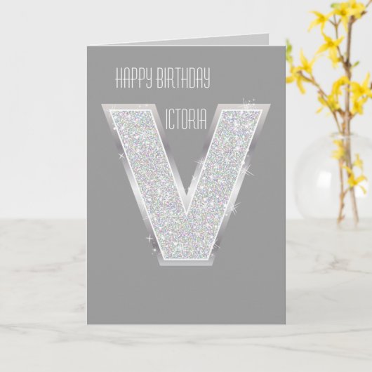 Silver Glitter Letter V Kaart (Gele Bloem)