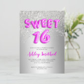 Silver glitter letters metallic roze zoete zestien kaart (Staand voorkant)