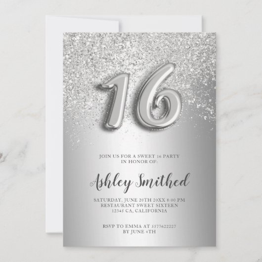 Silver glitter letters, metallisch zoet 16 kaart (Voorkant)