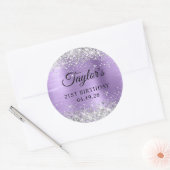 Silver Glitter Licht Paarse Folie 21e Verjaardag Ronde Sticker (Envelop)