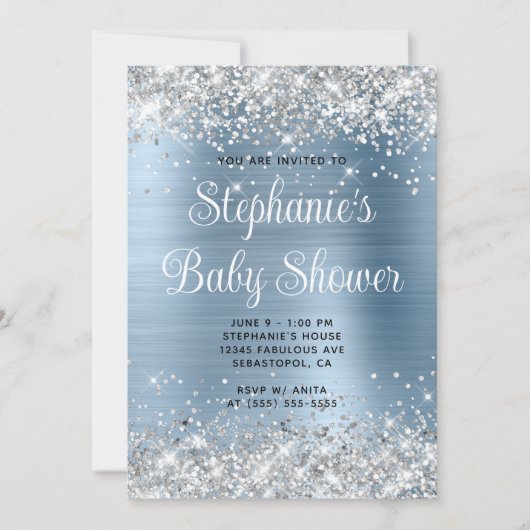 Silver Glitter Lichtblauw Baby shower Kaart (Voorkant)