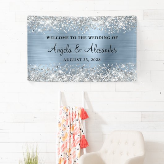 Silver Glitter Lichtblauw Folie Bruiloft Welkom Spandoek (Insitu)