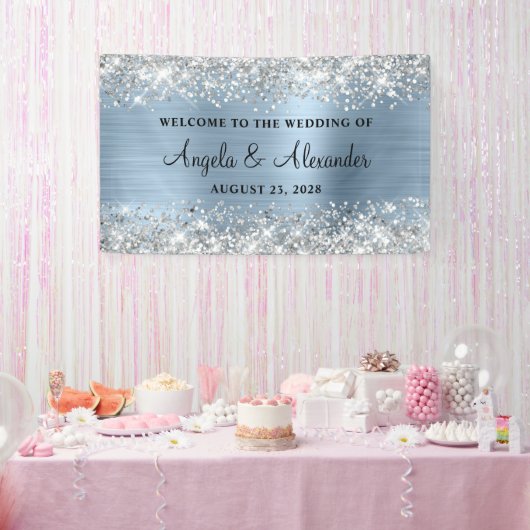 Silver Glitter Lichtblauw Folie Bruiloft Welkom Spandoek (Feest)