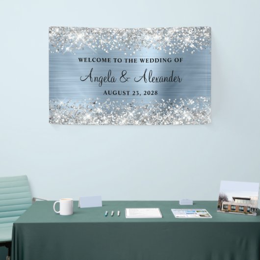 Silver Glitter Lichtblauw Folie Bruiloft Welkom Spandoek (Beurs)