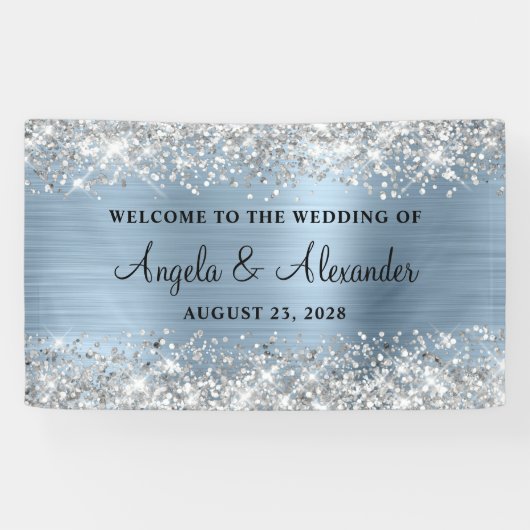 Silver Glitter Lichtblauw Folie Bruiloft Welkom Spandoek (Horizontaal)