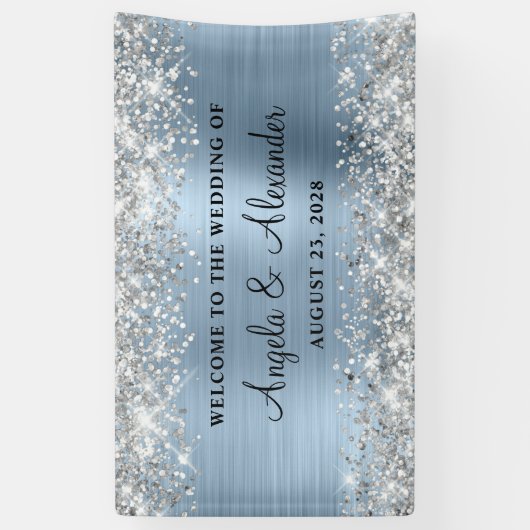Silver Glitter Lichtblauw Folie Bruiloft Welkom Spandoek (Verticaal)