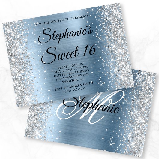 Silver Glitter Lichtblauw Monogram Sweet 16 Kaart