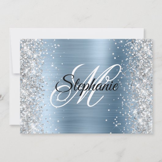 Silver Glitter Lichtblauw Monogram Sweet 16 Kaart (Achterkant)