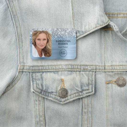 Silver Glitter Lichtblauwe Folie Logo en foto Naamplaatje (In situ)