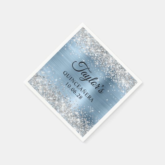 Silver Glitter Lichtblauwe Folie Quinceañera Servet (Hoek)
