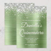 Silver Glitter Lichtgroene Folie Quinceañera Kaart (Voorkant / Achterkant)