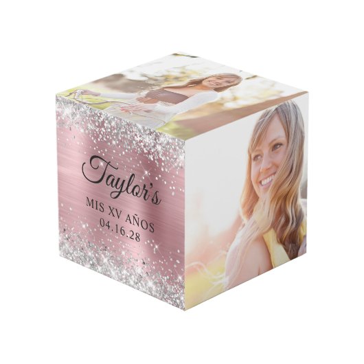 Silver Glitter Lichtroze Folie Mis XV Años Foto Kubus (Voorkant hoekig)