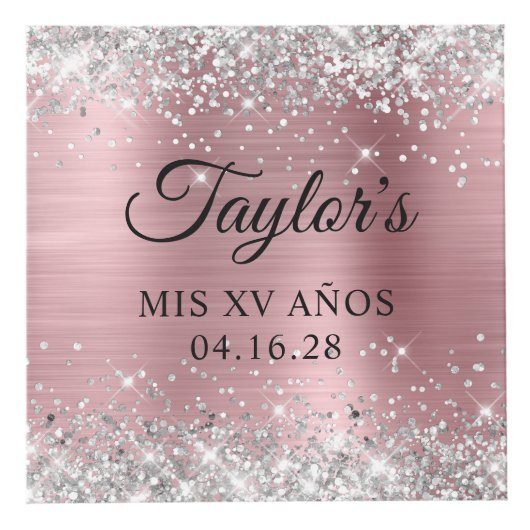 Silver Glitter Lichtroze Folie Mis XV Años Foto Kubus (Voorkant)
