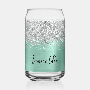 Silver Glitter Light Blauwgroen Glam Naam Blikvorm Glas
