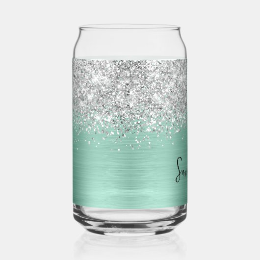 Silver Glitter Light Blauwgroen Glam Naam Blikvorm Glas (Rechts)