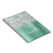 Silver Glitter Light Blauwgroen Glam Script Naam Notitieboek (Rechterzijde)