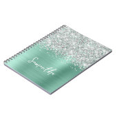 Silver Glitter Light Blauwgroen Glam Script Naam Notitieboek (Linkerzijde)
