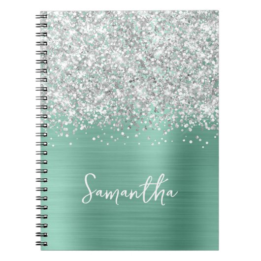 Silver Glitter Light Blauwgroen Glam Script Naam Notitieboek (Voorkant)