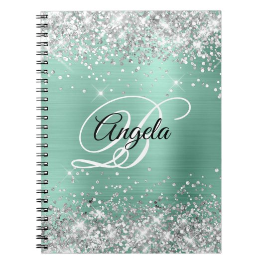Silver Glitter Light Blauwgroen Metallic Fancy Mon Notitieboek (Voorkant)