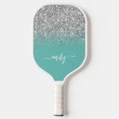 Silver Glitter Light Blauwgroen Ombre Modern Scrip Pickleball Paddle (Achterkant)