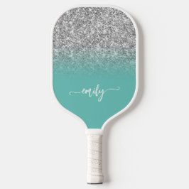 Silver Glitter Light Blauwgroen Ombre Modern Scrip Pickleball Paddle