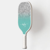 Silver Glitter Light Blauwgroen Ombre Modern Scrip Pickleball Paddle (Links)