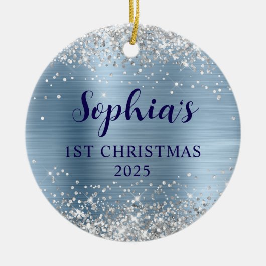 Silver Glitter Light Blue Foil 1st Christmas Photo Keramisch Ornament (Voorkant)
