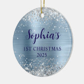 Silver Glitter Light Blue Foil 1st Christmas Photo Keramisch Ornament (Links)