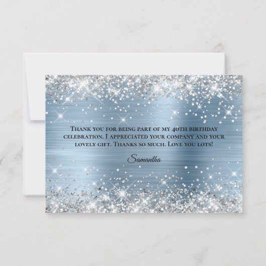 Silver Glitter Light Blue Folie 40th Birthday Bedankkaart (Achterkant)
