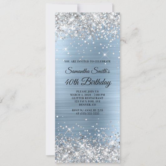 Silver Glitter Light Blue Folie 40th Birthday Kaart (Voorkant)
