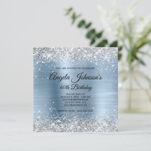 Silver Glitter Light Blue Folie 40th Birthday Kaart (Staand voorkant)