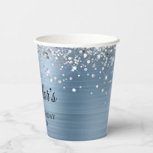 Silver Glitter Light Blue Folie 40th Birthday Papieren Bekers (Achterkant)
