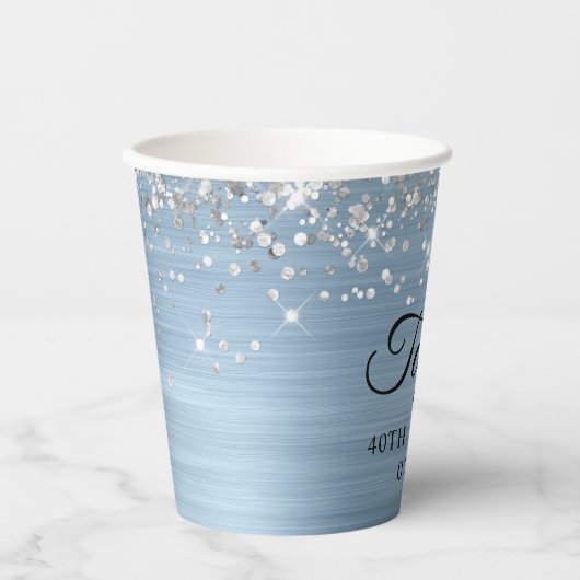 Silver Glitter Light Blue Folie 40th Birthday Papieren Bekers (Voorkant)